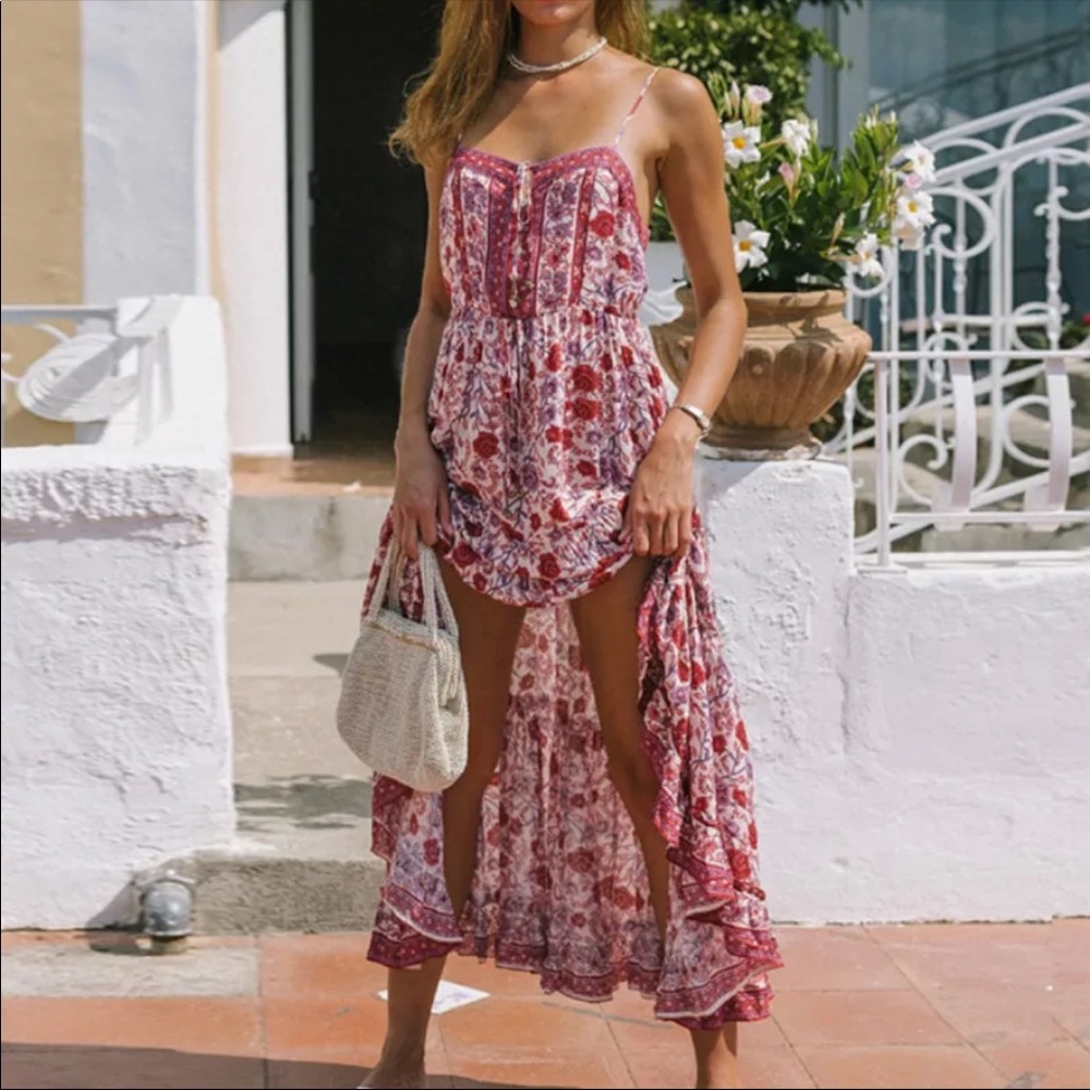 Boho Gypsy Floral Tiered Maxi Dress Blue Yellow - Picture 5 of 15